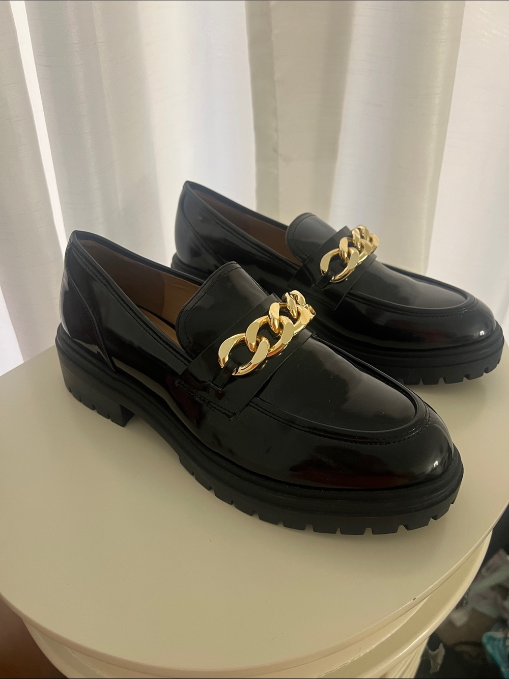 INC International Concepts Black Patent Loafers with Gold Chain